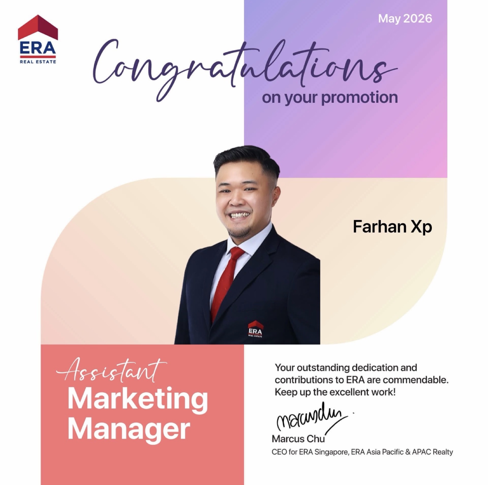Farhan XP promoted to Assistant Marketing Manager at ERA in May 2026